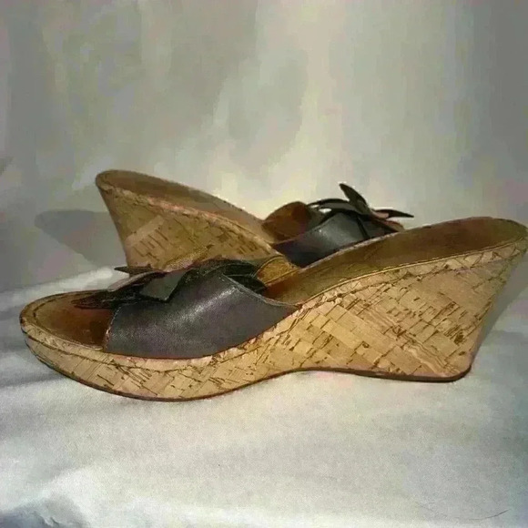 Born B08104 Flower Brown Leather Slip On Cork Wedge Slide Sandals Women's Size 8 - Picture 11 of 12